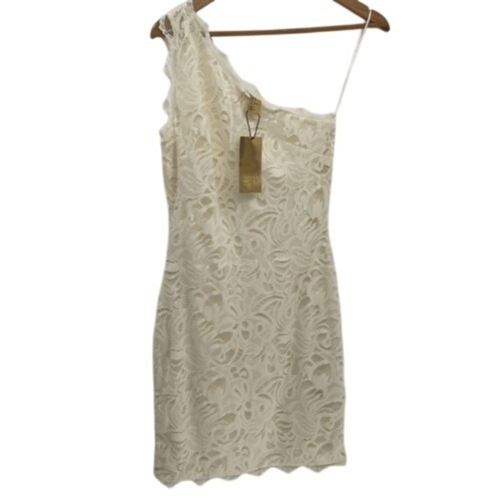 H&M Lace‎ Dress One Shoulder Women Size 6 Small Off White Stretch Short New